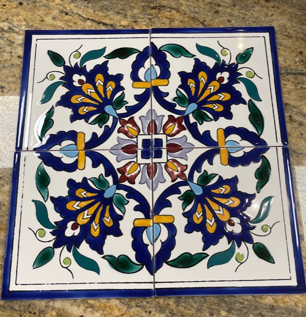 Décor Tunisien - Bleu Vert Jaune - 15 x 15 cm, Lot de 4 carreaux